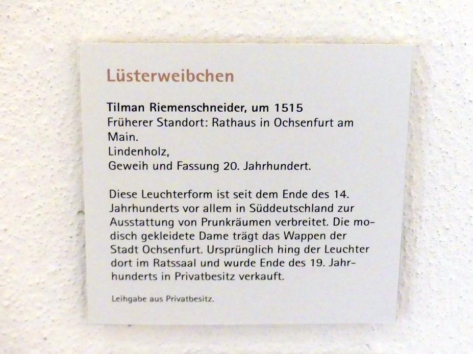 Tilman Riemenschneider (1487&ndash;1523), Lüsterweibchen, Ochsenfurt, Rathaus, jetzt Würzburg, Museum für Franken (ehem. Mainfränkisches Museum), Riemenschneider-Saal, um 1515, Bild 4/4