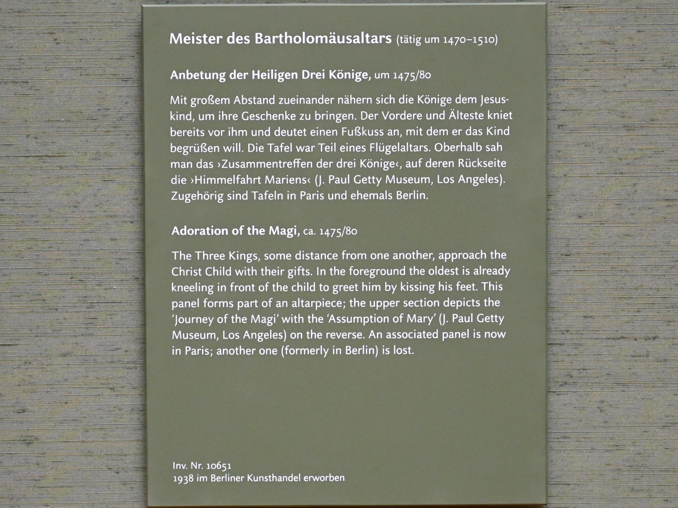 Meister des Bartholomäusaltars (1477–1507), Anbetung der Heiligen Drei Könige, München, Alte Pinakothek, Obergeschoss Saal III, um 1475–1480, Bild 2/2