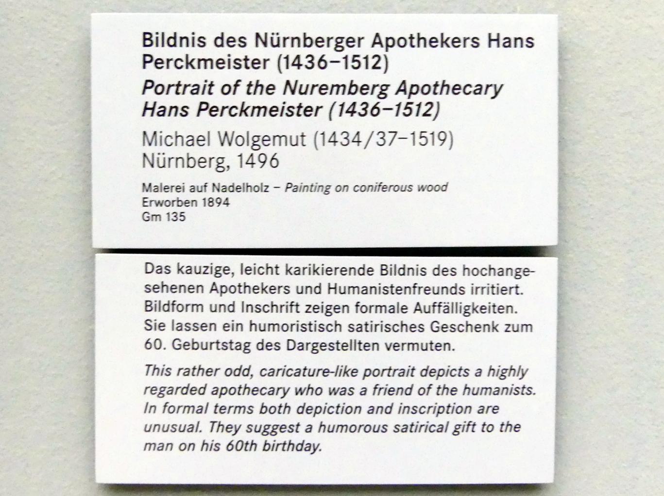 Michael Wolgemut (1485&ndash;1509), Bildnis des Nürnberger Apothekers Hans Perckmeister (1436-1512), Nürnberg, Germanisches Nationalmuseum, Saal 114, 1496, Bild 2/2