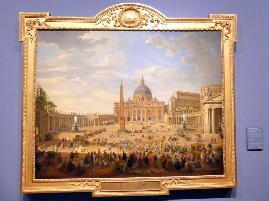 Giovanni Paolo Pannini (1722–1759), Die Ausfahrt des Duc de Choiseul (1719-1785) auf dem Petersplatz in Rom, Berlin, Gemäldegalerie ("Berliner Wunder"), Wandelhalle, 1754