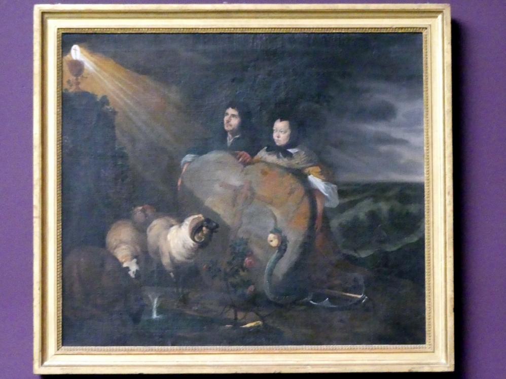 Johann Heinrich Roos (1660&ndash;1685), Selbstbildnis des Künstlers (?) mit seiner Frau und den Symbolen des christlichen Glaubens, Frankfurt am Main, Städel Museum, Vorhalle, nach 1675