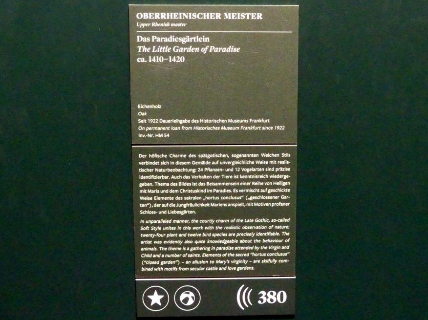 Oberrheinischer Meister (1415–1430), Das Paradiesgärtlein, Frankfurt am Main, Städel Museum, 2. Obergeschoss, Saal 3, um 1410–1420, Bild 2/2