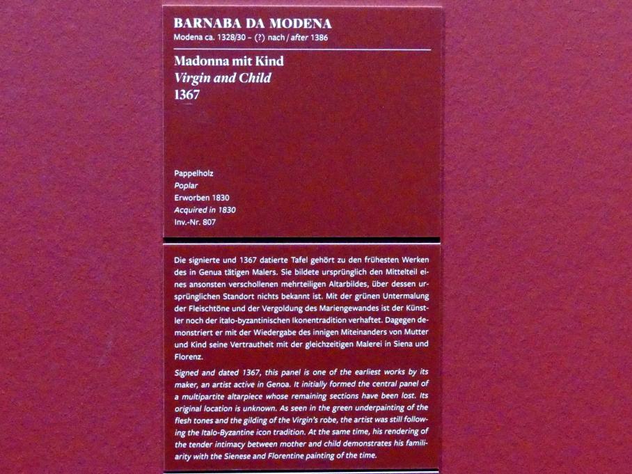 Barnaba da Modena (Barnaba Agocchiari) (1350&ndash;1377), Madonna mit Kind, Frankfurt am Main, Städel Museum, 2. Obergeschoss, Saal 12, 1367, Bild 2/2