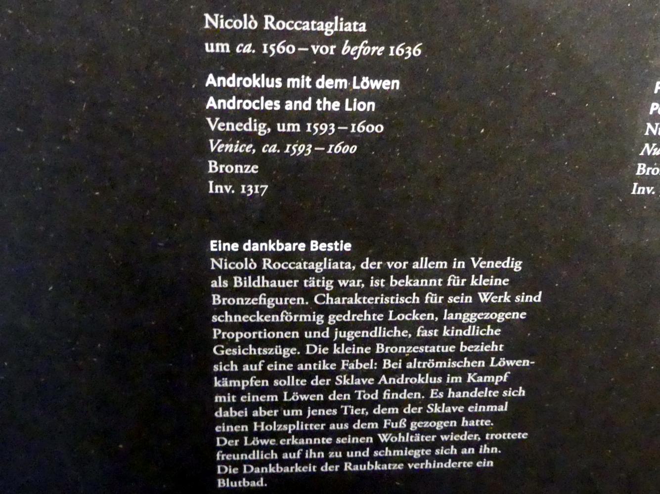 Niccolò Roccatagliata (1596–1600), Androklus mit dem Löwen, Frankfurt am Main, Liebieghaus Skulpturensammlung, Renaissance, um 1593–1600, Bild 2/2