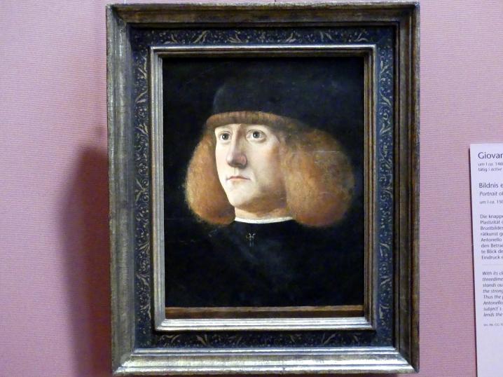 Giovanni di Niccolò Mansueti (1500&ndash;1502), Bildnis eines jungen Mannes, Wien, Kunsthistorisches Museum, Kabinett 5, um 1500