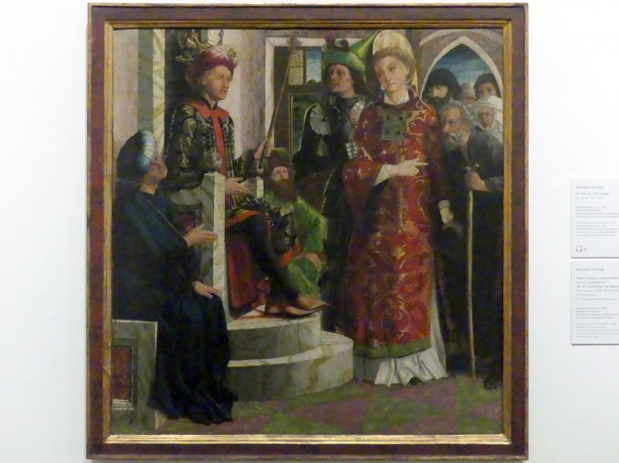 Michael Pacher (1461–1497), Der hl. Laurentius vor Kaiser Decius, St. Lorenzen, Pfarrkirche St. Laurentius, jetzt Wien, Museum Oberes Belvedere, Saal 7, um 1465