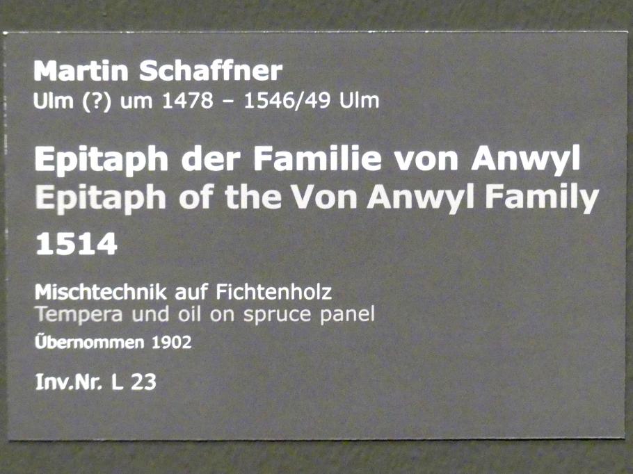 Martin Schaffner (1497&ndash;1532), Epitaph der Familie von Anwyl, Stuttgart, Staatsgalerie, Altdeutsche Malerei 4, 1514, Bild 2/2