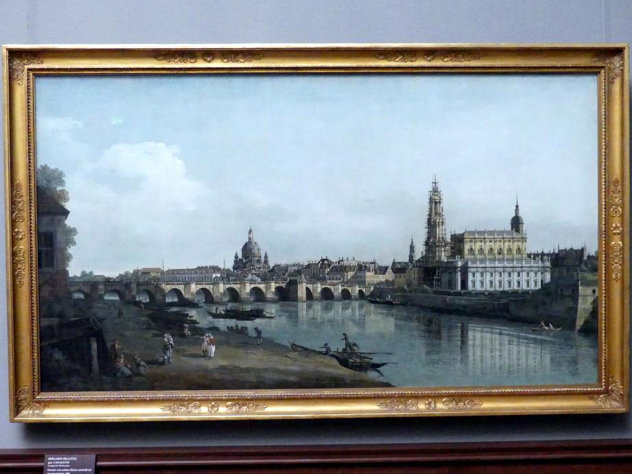 Bernardo Bellotto (Canaletto) (1738–1779), Dresden vom rechten Elbufer unterhalb der Augustusbrücke, Dresden, Gemäldegalerie Alte Meister, 2. OG: Bellottos Dresden, 1748