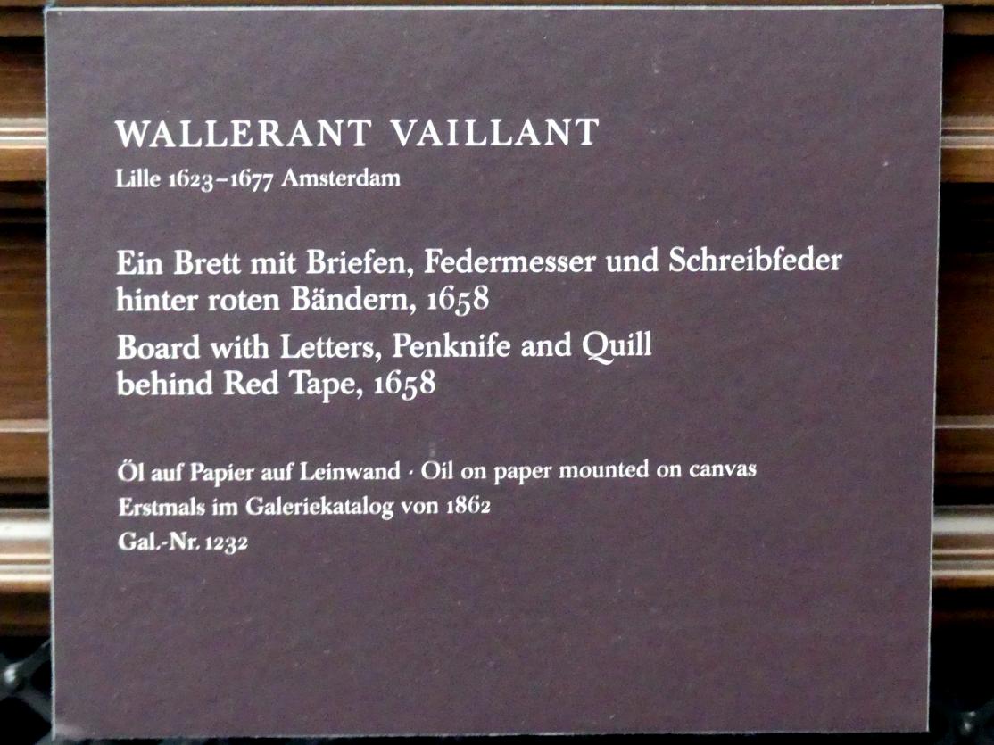 Wallerant Vaillant (1658&ndash;1667), Ein Brett mit Briefen, Federmesser und Schreibfeder hinter roten Bändern, Dresden, Gemäldegalerie Alte Meister, 2. OG: Stillleben, 1658, Bild 2/2