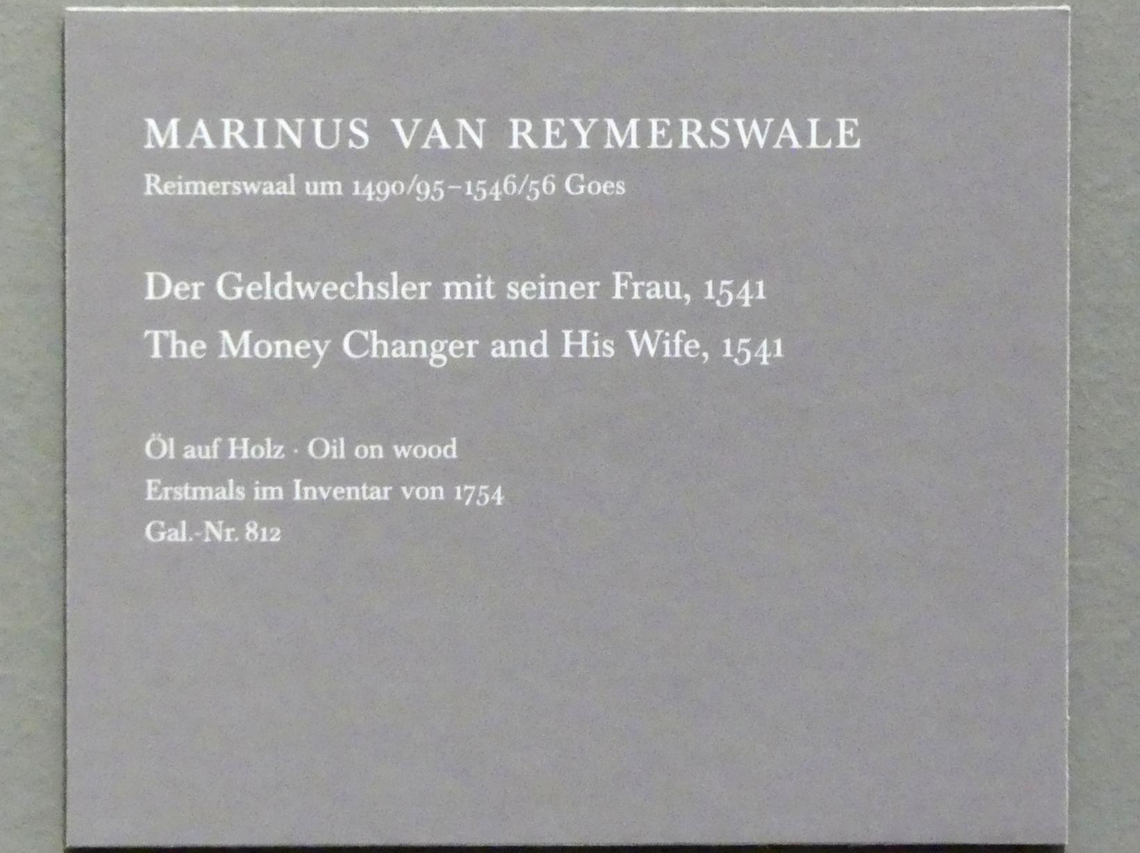 Marinus van Reymerswaele (1530&ndash;1545), Der Geldwechsler mit seiner Frau, Dresden, Gemäldegalerie Alte Meister, EG: Altäre und Andachtsbilder, 1541, Bild 2/3