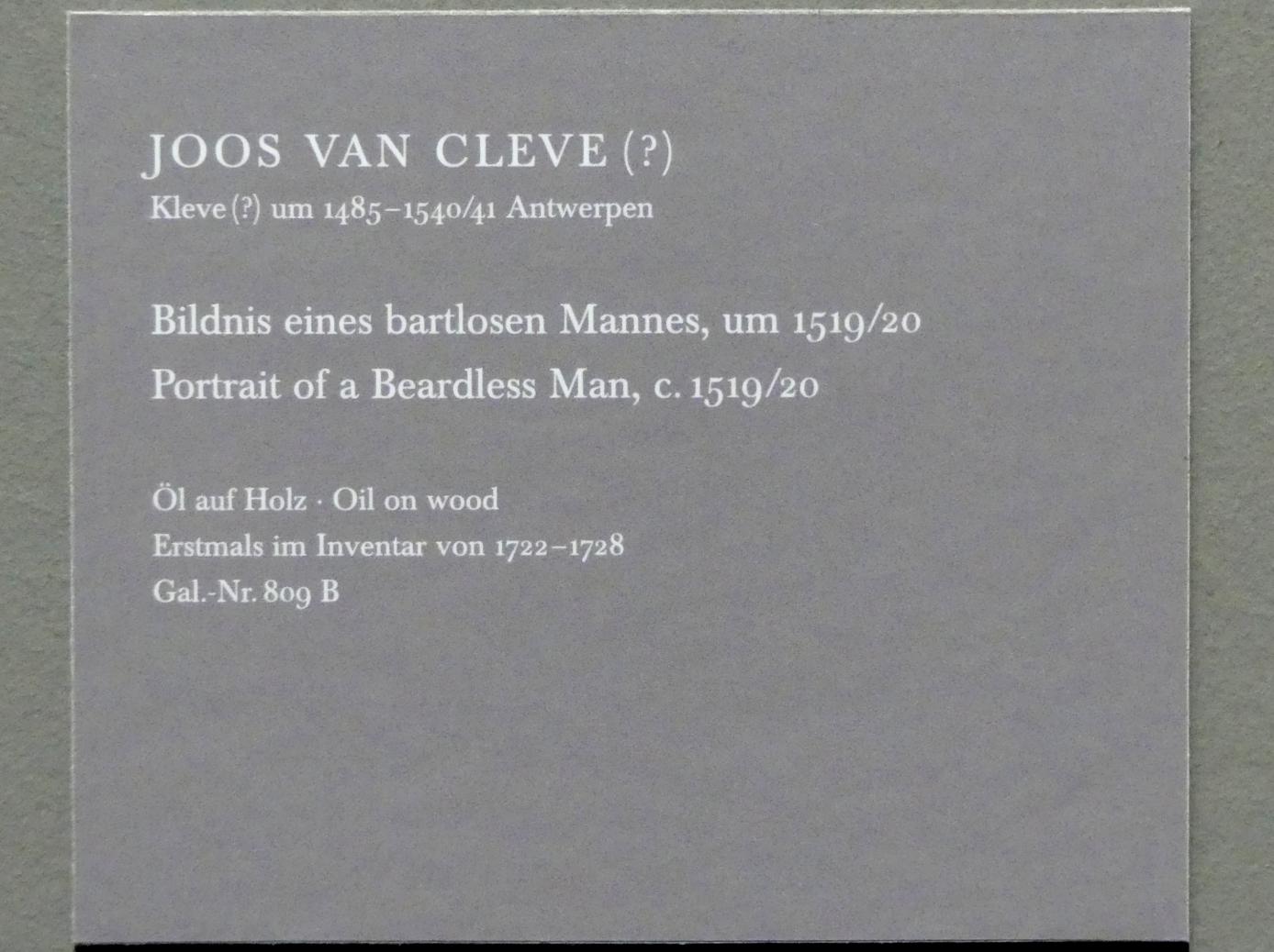 Joos van Cleve (Joos van der Beke) (1507&ndash;1538), Bildnis eines bartlosen Mannes, Dresden, Gemäldegalerie Alte Meister, EG: Porträts 1, um 1519&ndash;1520, Bild 2/2