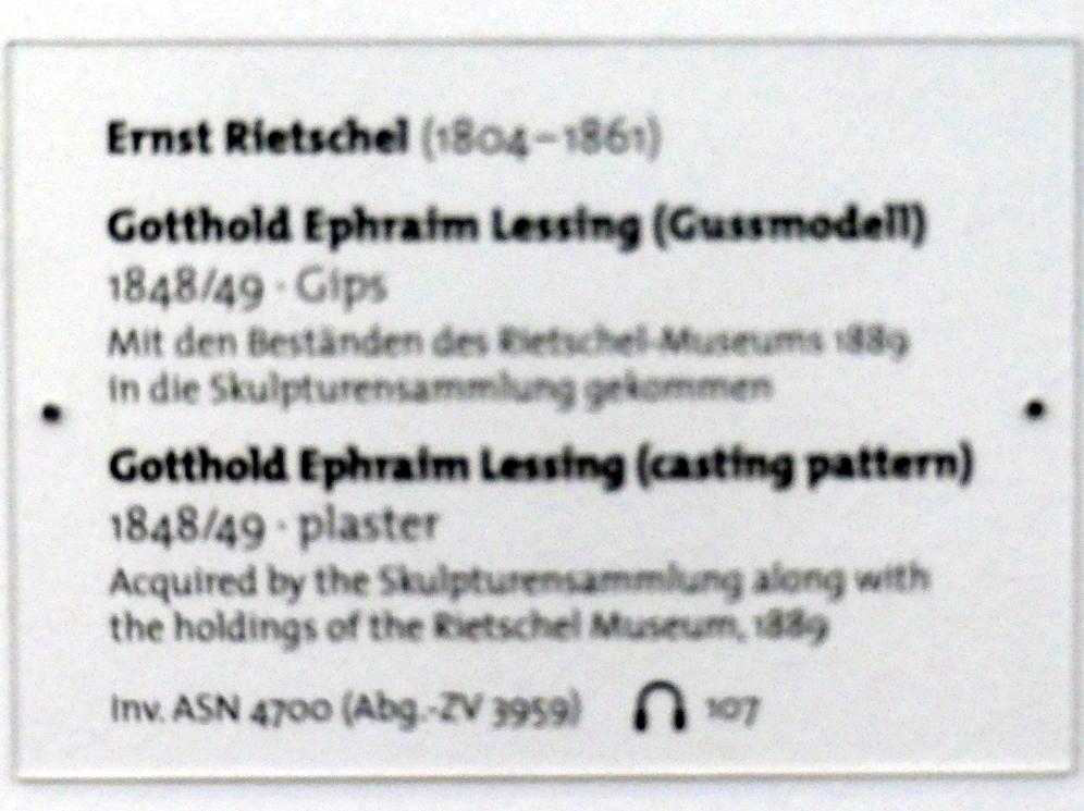 Ernst Rietschel (1829&ndash;1859), Gotthold Ephraim Lessing (Gussmodell), Dresden, Albertinum, Galerie Neue Meister, 1. Obergeschoss, Mosaiksaal, 1848&ndash;1849, Bild 2/2