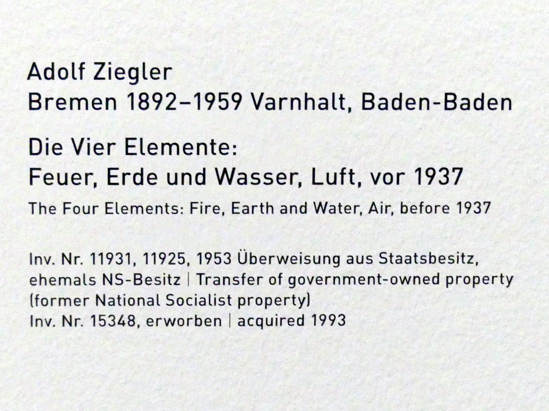 Adolf Ziegler (1936&ndash;1942), Die Vier Elemente: Feuer, Erde und Wasser, Luft, München, Pinakothek der Moderne, Saal 13, vor 1937, Bild 5/5