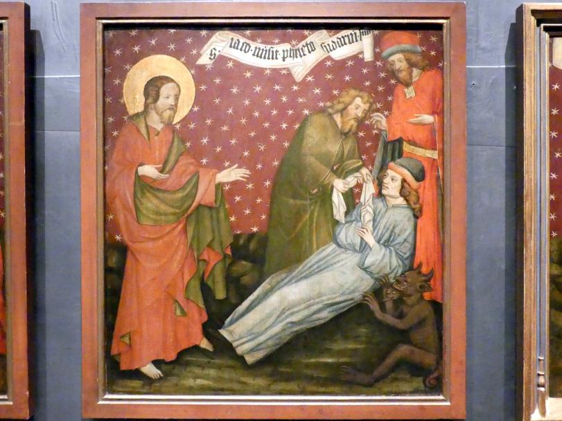 Meister von Raigern (Meister des Raigerner Altars) (Werkstatt) (1430), Jakobaltar: Jakobus sendet sein Pallium zu Philetes, Prag, Nationalgalerie im Agneskloster, Saal I, um 1430