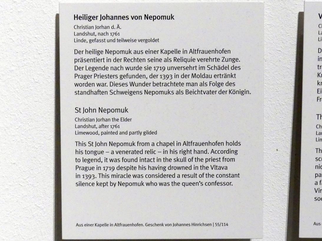 Christian Jorhan der Ältere (1750&ndash;1802), Heiliger Johannes von Nepomuk, Altfraunhofen, Pfarrkirche St. Nikolaus, jetzt München, Bayerisches Nationalmuseum, Saal 42, nach 1761, Bild 4/4