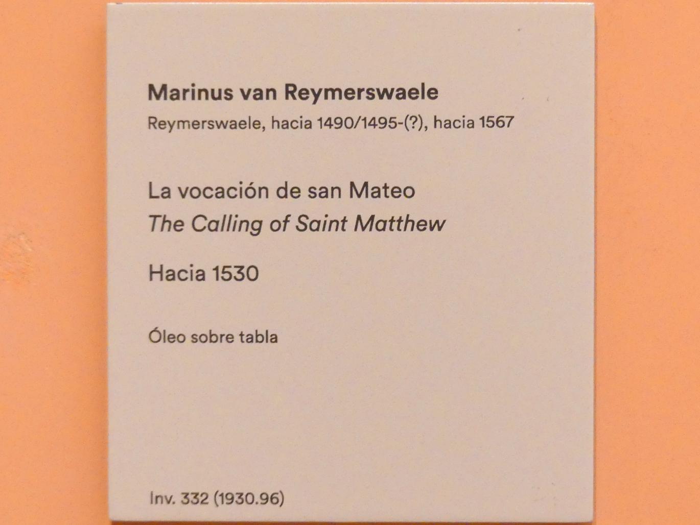 Marinus van Reymerswaele (1530&ndash;1545), Berufung des Hl. Matthäus, Madrid, Museo Thyssen-Bornemisza, Saal 10, niederländische Malerei des 16. Jahrhunderts, um 1530, Bild 2/2