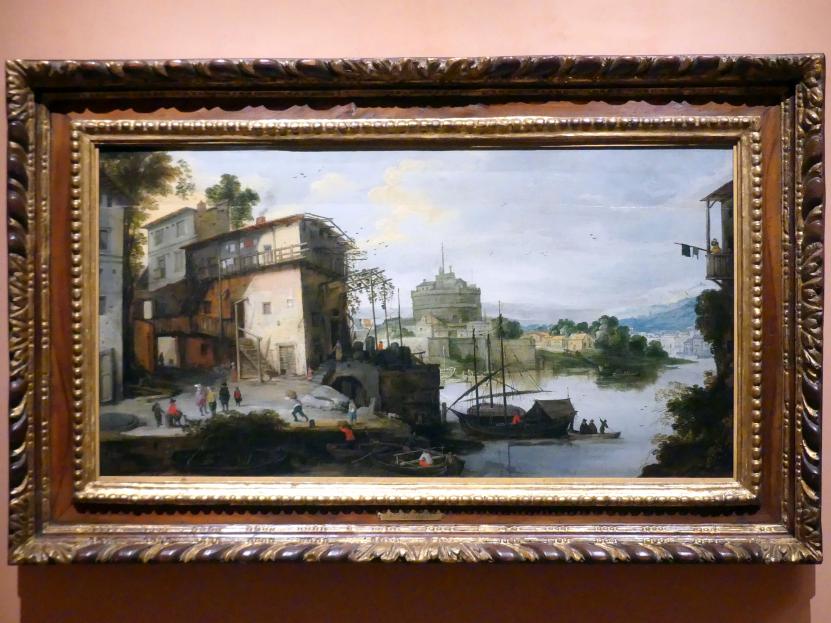 Meister des Monogramms IDM (Undatiert), Blick auf einen Flusshafen mit der Engelsburg, Madrid, Museo Thyssen-Bornemisza, Saal 19, flämische Malerei des 18. Jahrhunderts, Undatiert