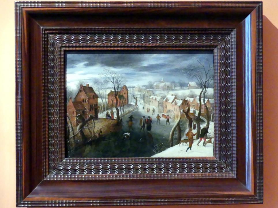 Jacob Grimmer (1585), Eine Winterlandschaft mit einem Dorf, Schlittschuhläufer auf einem gefrorenen Fluss und Jäger im Vordergrund, Madrid, Museo Thyssen-Bornemisza, Saal B, flämische und niederländische Malerei des 17. Jahrhunderts, Undatiert