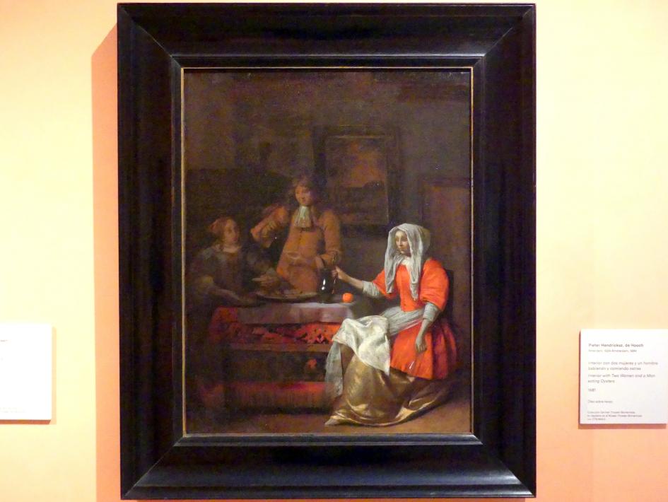 Pieter de Hooch (1650–1681), Interieur mit zwei Männern und einer Frau beim Austern essen, Madrid, Museo Thyssen-Bornemisza, Saal B, flämische und niederländische Malerei des 17. Jahrhunderts, 1681, Bild 1/2