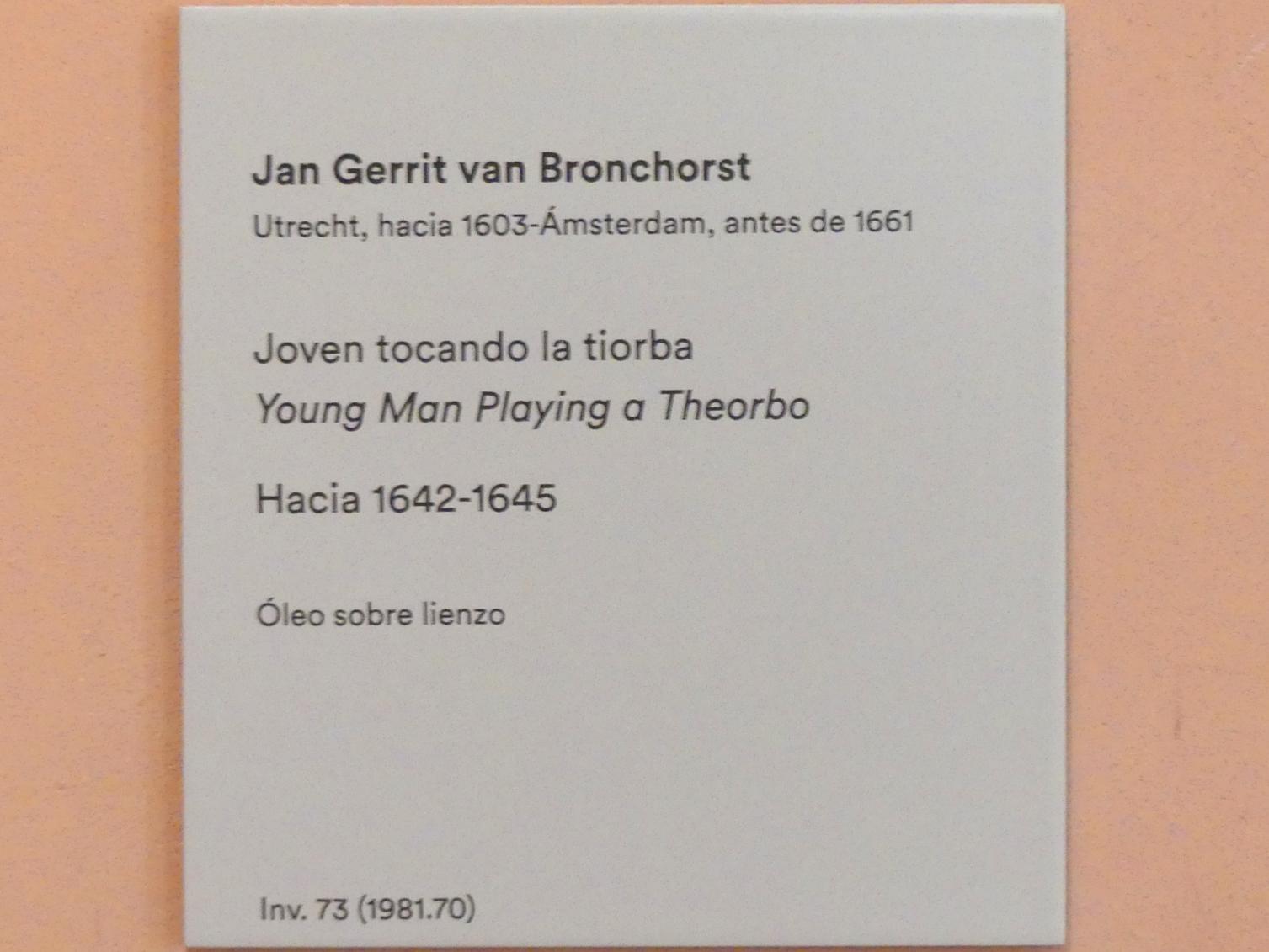 Jan Gerritsz van Bronckhorst (1643–1645), Junger Mann Theorbe spielend, Madrid, Museo Thyssen-Bornemisza, Saal 22, niederländische Malerei des 16. Jahrhunderts, um 1642–1645, Bild 2/2