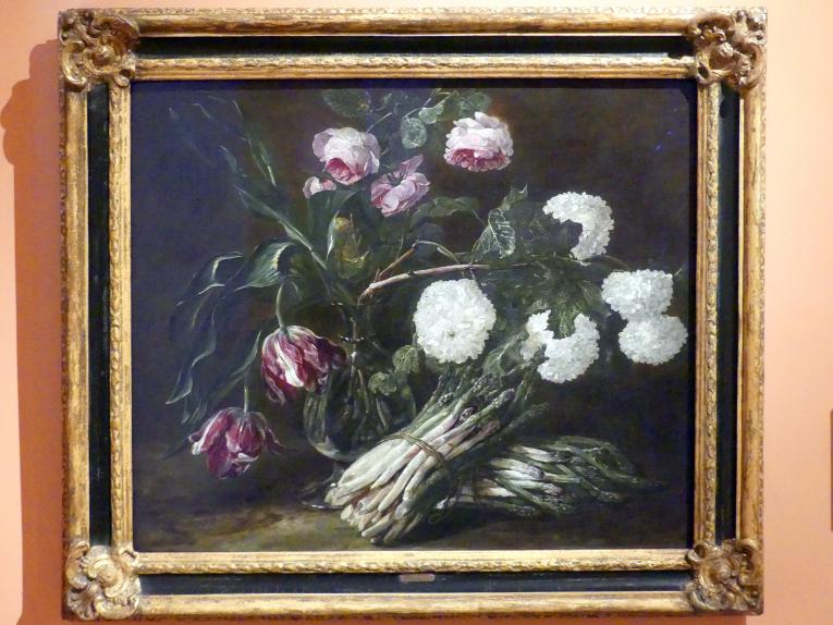 Jan Fyt (1647&ndash;1655), Blumenvase und zwei Bünde Spargel, Madrid, Museo Thyssen-Bornemisza, Saal 27, Stillleben des 17. Jahrhunderts, um 1650