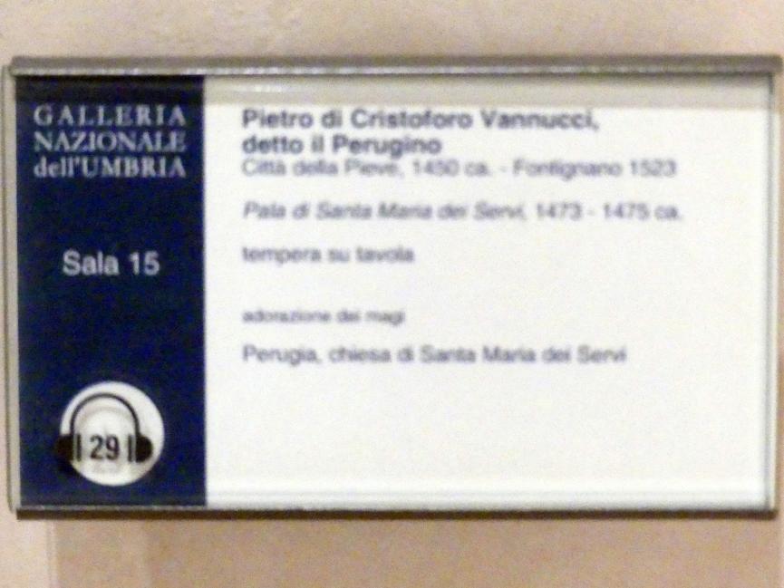 Pietro Perugino (Pietro di Cristoforo Vannucci) (1474–1517), Anbetung der Könige, Perugia, Chiesa di Santa Maria dei Servi, jetzt Perugia, Nationalgalerie von Umbrien (Galleria nazionale dell'Umbria), 15: Perugino, Bottega del 1473, um 1473–1475, Bild 2/2