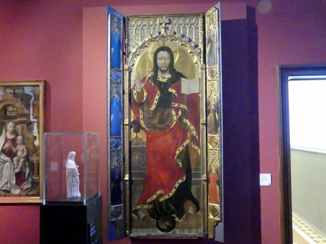 Pedro Nicolau (1400), Der segnende Christus auf der Weltkugel, sechs anbetende Engel, Berlin, Bode-Museum, Saal 211, um 1400