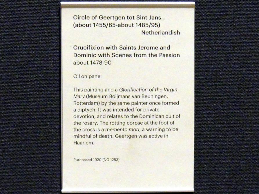 Geertgen tot Sint Jans (Umkreis) (1484), Kreuzigung mit den hll. Hieronymus und Dominikus und Szenen aus der Passion, Edinburgh, Scottish National Gallery, Saal 4, Kabinettstücke, um 1478&ndash;1490, Bild 2/2