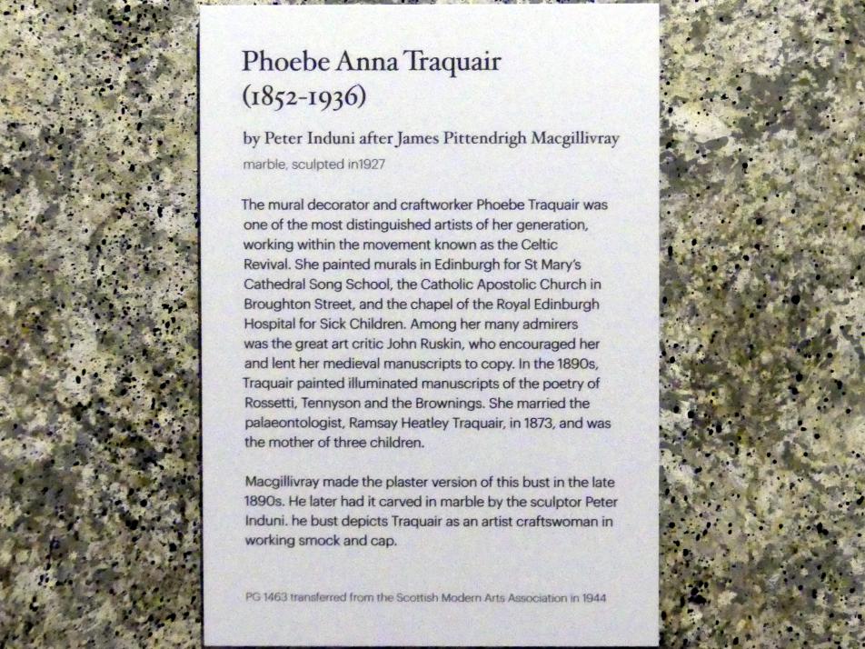 Peter Induni (1927), Phoebe Anna Traquair (1852-1936), Edinburgh, Scottish National Portrait Gallery, Saal 8, 1927, Bild 2/2