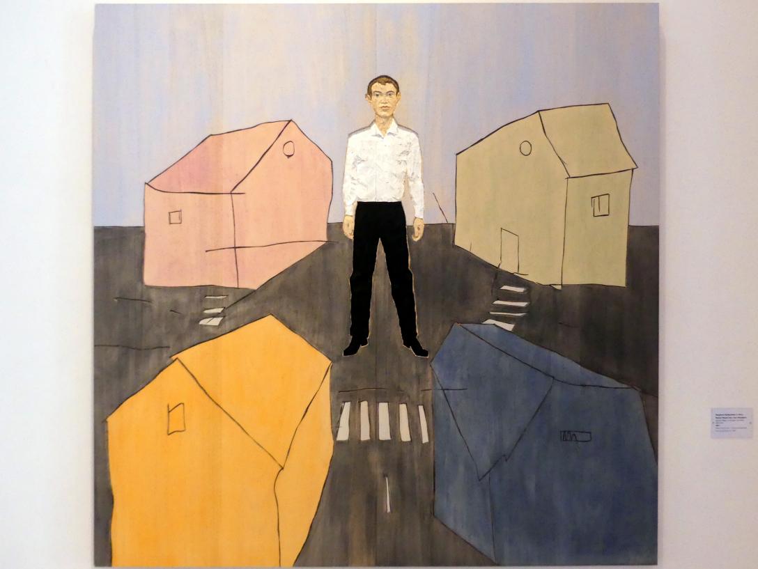 Stephan Balkenhol (1993&ndash;2017), Relief Mann vor vier Häusern, Schwäbisch Hall, Kunsthalle Würth, Ausstellung "Lust auf mehr" vom 30.09.2019 - 20.09.2020, Erdgeschoss, 2017