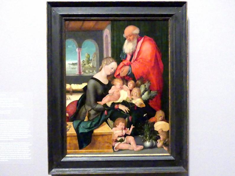 Hans Baldung Grien (1500–1544), Die Heilige Familie im Gemach mit fünf Engeln, Karlsruhe, Staatliche Kunsthalle, Ausstellung "Hans Baldung Grien, heilig | unheilig", Saal 1, um 1507