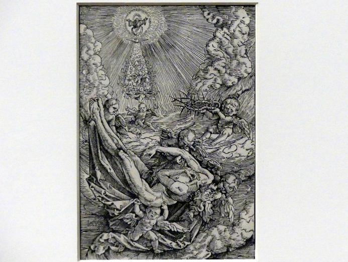 Hans Baldung Grien (1500–1544), Der Leichnam Christi, von Engeln in Wolken getragen, Karlsruhe, Staatliche Kunsthalle, Ausstellung "Hans Baldung Grien, heilig | unheilig", Saal 4a, um 1515–1517, Bild 1/3