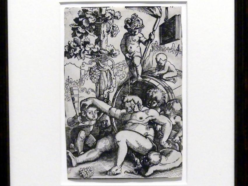 Hans Baldung Grien (1500–1544), Trunkener Bacchus mit spielenden Putten, Karlsruhe, Staatliche Kunsthalle, Ausstellung "Hans Baldung Grien, heilig | unheilig", Saal 5, um 1520
