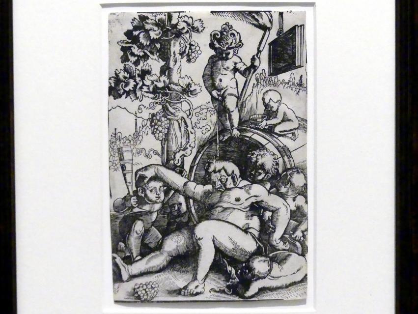 Hans Baldung Grien (1500&ndash;1544), Trunkener Bacchus mit spielenden Putten, Karlsruhe, Staatliche Kunsthalle, Ausstellung "Hans Baldung Grien, heilig | unheilig", Saal 5, um 1520