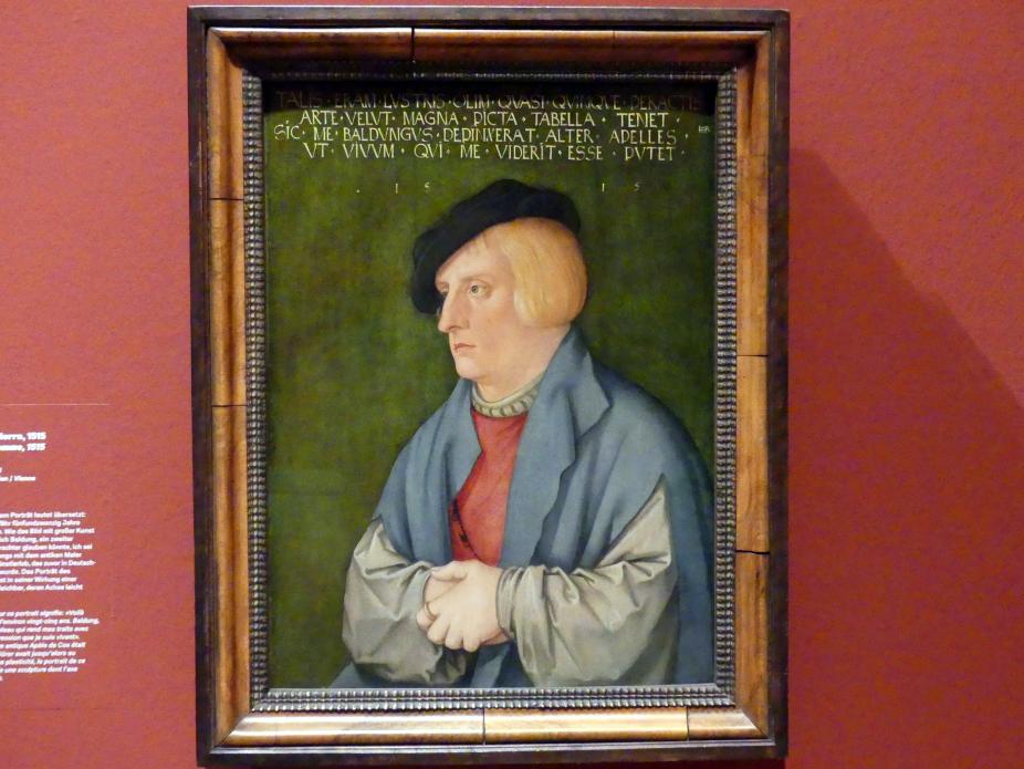 Hans Baldung Grien (1500–1544), Bildnis eines jungen Herrn, Karlsruhe, Staatliche Kunsthalle, Ausstellung "Hans Baldung Grien, heilig | unheilig", Saal 6, 1515