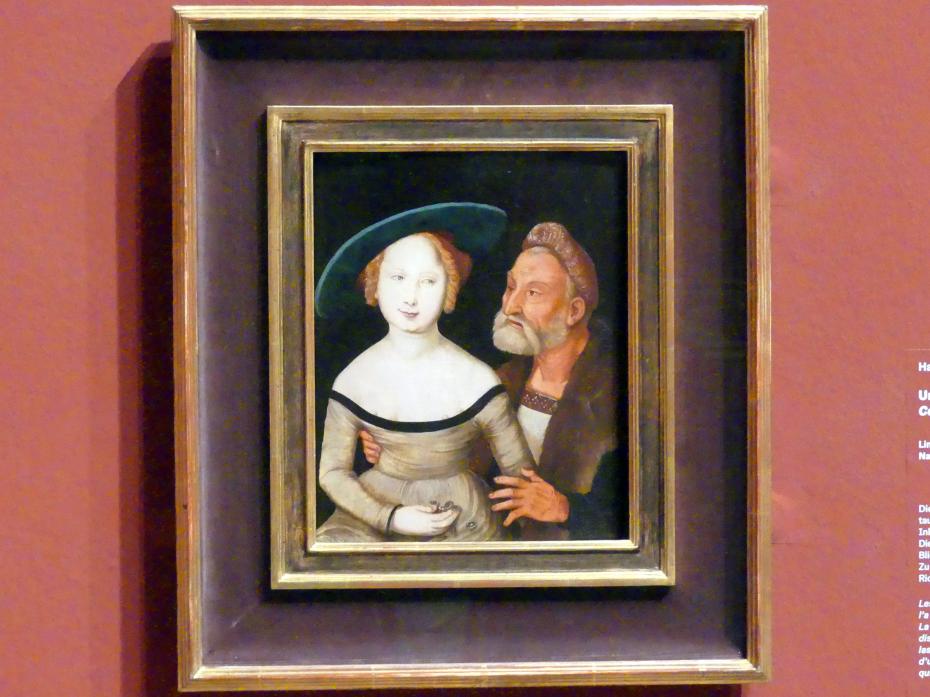 Hans Baldung Grien (1500–1544), Ungleiches Paar, Karlsruhe, Staatliche Kunsthalle, Ausstellung "Hans Baldung Grien, heilig | unheilig", Saal 8, um 1527, Bild 1/2