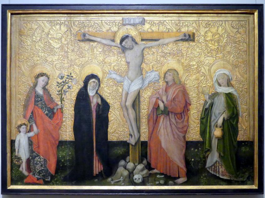 Christus am Kreuz zwischen Maria und Johannes mit den Heiligen Dorothea und Verena, Karlsruhe, Staatliche Kunsthalle, Saal 16, um 1440