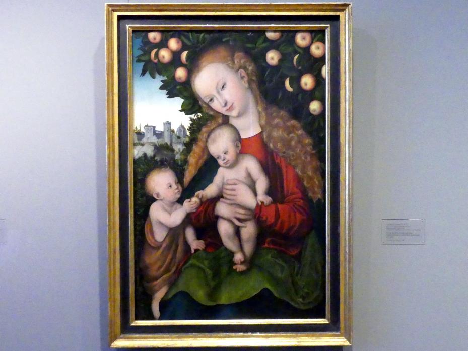 Lucas Cranach der Ältere (1502&ndash;1550), Maria mit dem Kinde und dem Johannesknaben unter dem Apfelbaum, Karlsruhe, Staatliche Kunsthalle, Saal 18, um 1535