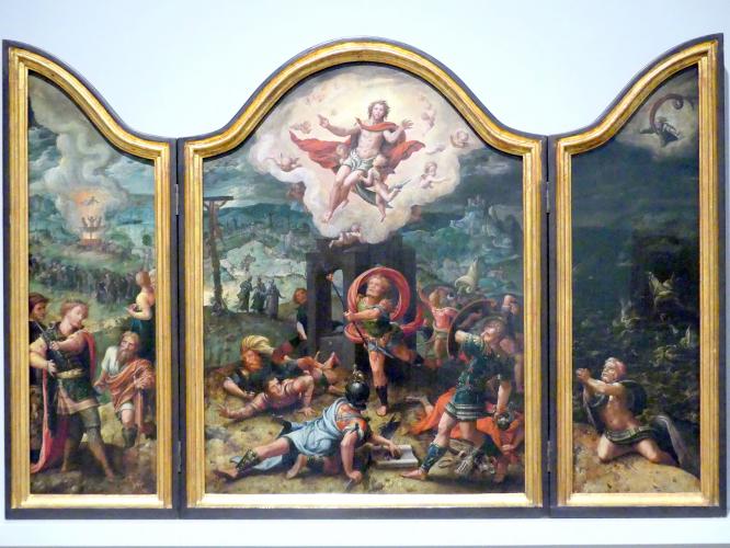 Pieter Coecke van Aelst (1534&ndash;1535), Flügelaltar mit Auferstehung Christi (Mitte), Nebukadnezar und die drei Männer im feurigen Ofen (links), Jona, vom Fisch ans Land gespien (rechts), Karlsruhe, Staatliche Kunsthalle, Saal 68, um 1535