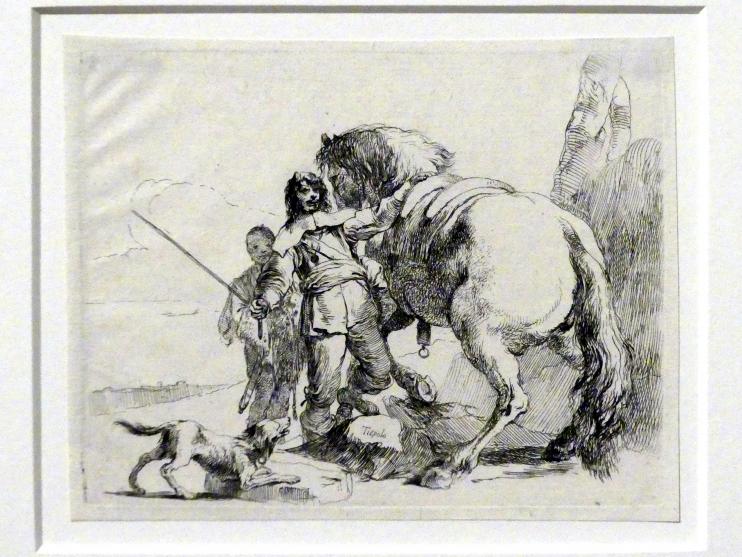 Giovanni Battista Tiepolo (1715–1785), Ein Reiter mit seinem Pferd, Stuttgart, Staatsgalerie, Ausstellung "Tiepolo"  vom 11.10.2019 - 02.02.2020, Saal 6: Karikaturen, Capricci und Scherzi, um 1740–1742