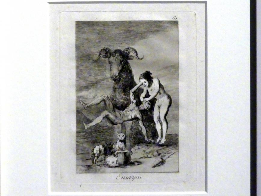 Francisco de Goya (Francisco José de Goya y Lucientes) (1779–1820), Versuche (Los Caprichos, 60), Stuttgart, Staatsgalerie, Ausstellung "Tiepolo"  vom 11.10.2019 - 02.02.2020, Saal 6: Karikaturen, Capricci und Scherzi, 1799