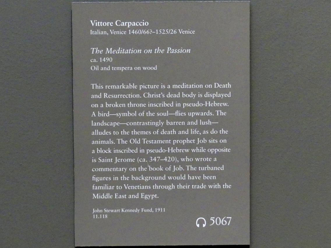 Vittore Carpaccio (1490&ndash;1514), Meditation über die Passion Christi, New York, Metropolitan Museum of Art (Met), Saal 641, um 1490, Bild 2/2