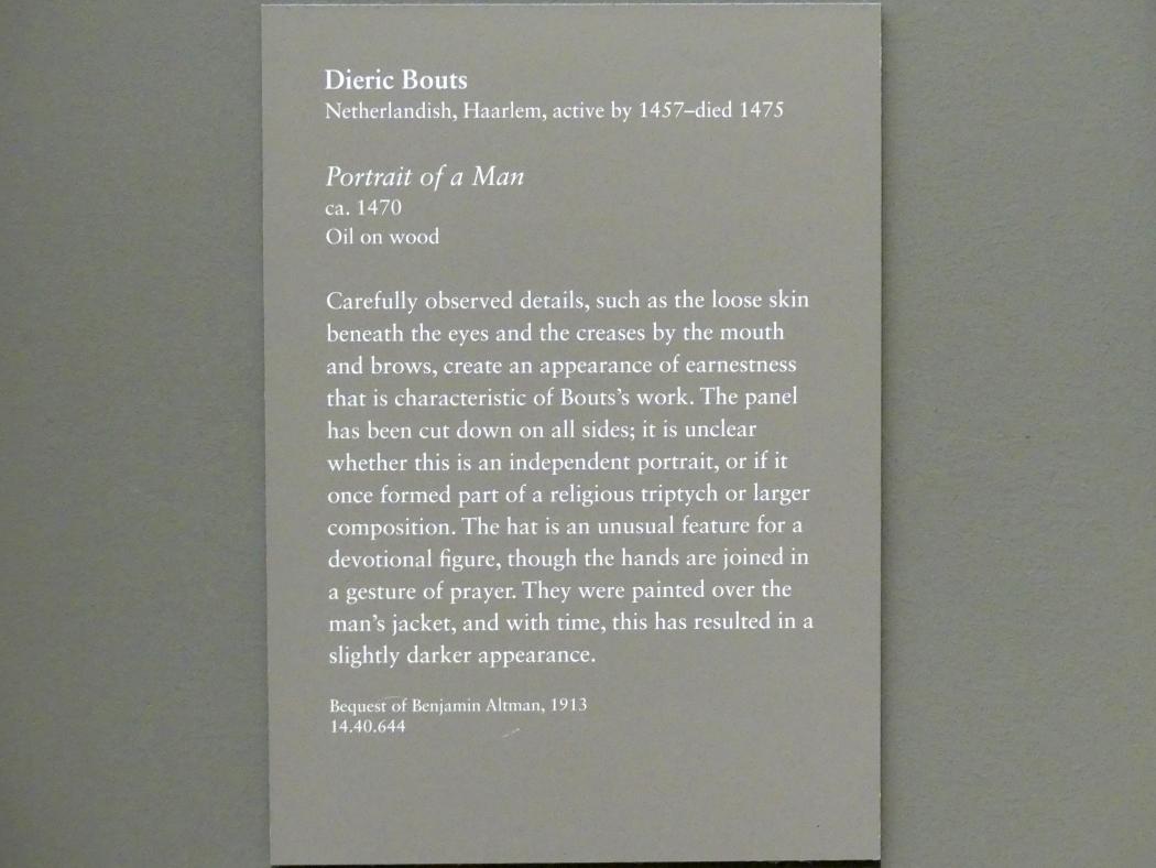 Dieric Bouts d.Ä. (1455&ndash;1475), Bildnis eines Mannes, New York, Metropolitan Museum of Art (Met), Saal 641, um 1470, Bild 2/2