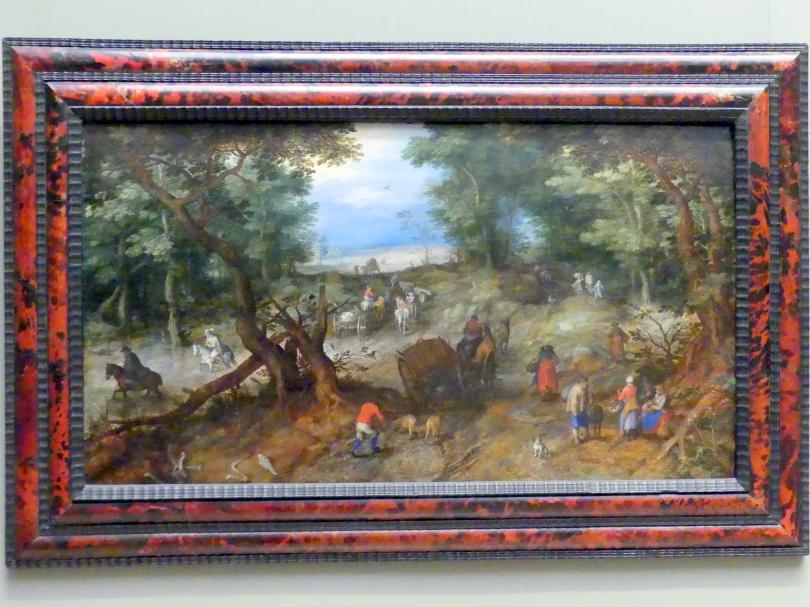 Jan Brueghel der Ältere (Samtbrueghel, Blumenbrueghel) (1593–1621), Eine Waldstraße mit Reisenden, New York, Metropolitan Museum of Art (Met), Saal 642, 1607