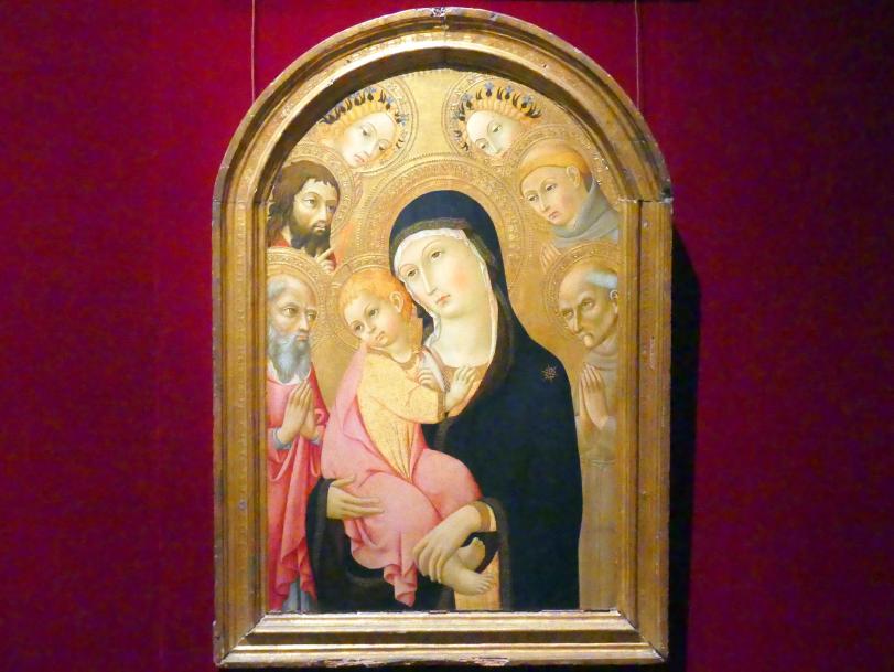 Sano di Pietro (1437–1481), Maria mit Kind und den Heiligen Hieronymus, Bernhardin von Siena, Johannes der Täufer und Antonius von Padua und zwei Engel, New York, Metropolitan Museum of Art (Met), Saal 956, um 1465–1470
