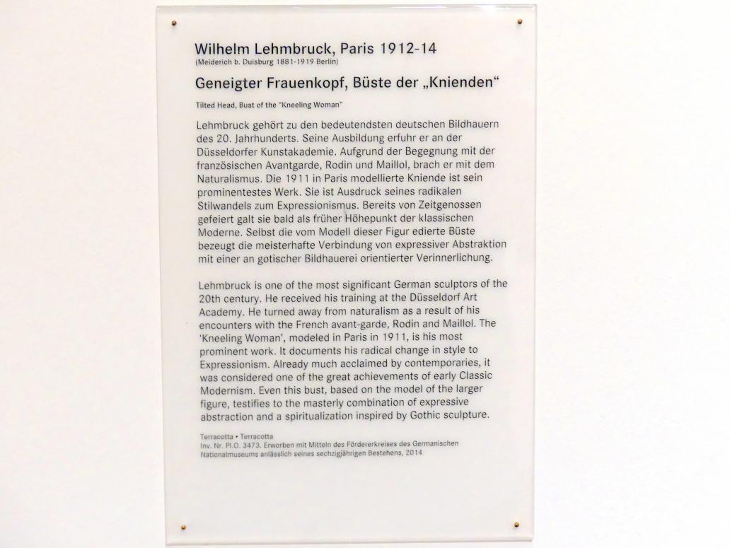 Wilhelm Lehmbruck (1909&ndash;1918), Geneigter Frauenkopf, Büste der "Knienden", Nürnberg, Germanisches Nationalmuseum, Saal 212, 1912&ndash;1914, Bild 5/5