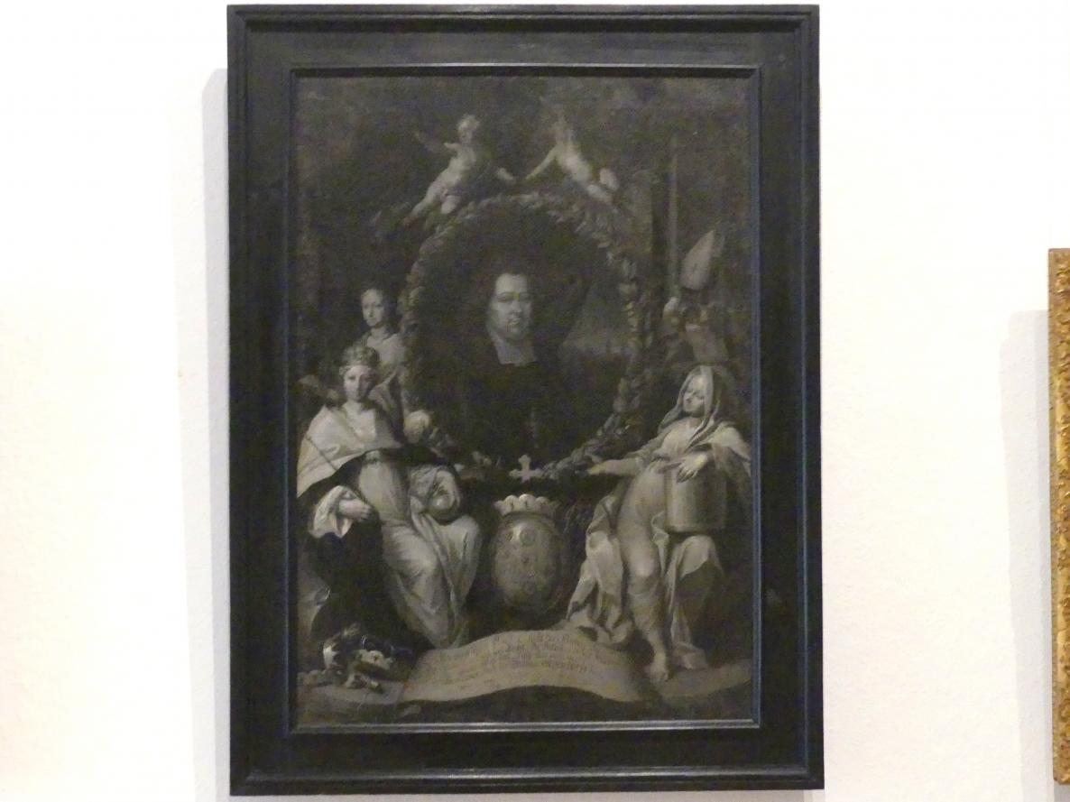 Jacob von Sandrart (1695), Huldigung an Lothar Franz von Schönborn, Münnerstadt, Kloster Maria Bildhausen, jetzt Würzburg, Museum für Franken (ehem. Mainfränkisches Museum), Gemäldegalerie, 1695