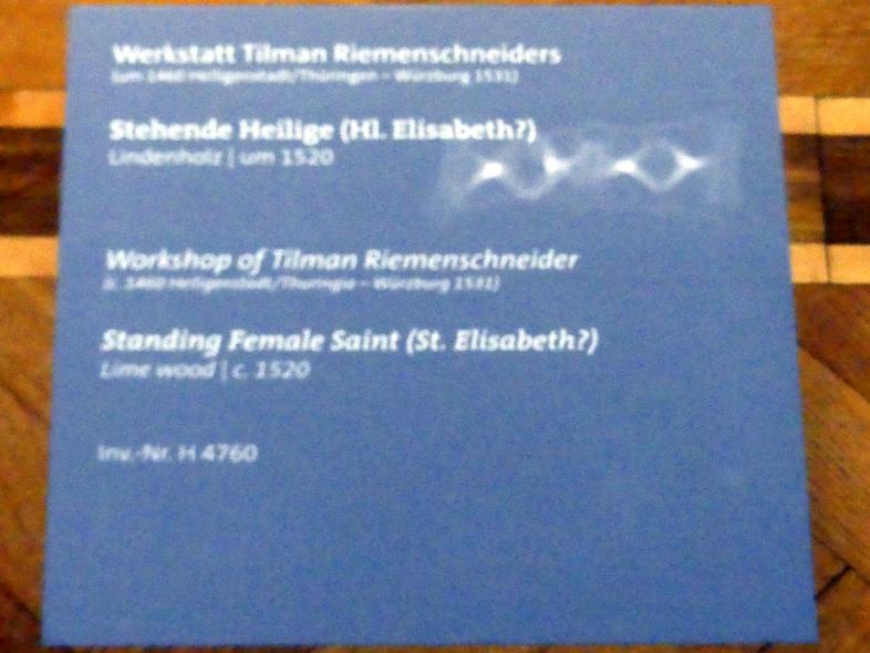 Tilman Riemenschneider (Werkstatt) (1487&ndash;1520), Stehende Heilige (Hl. Elisabeth?), Würzburg, Martin von Wagner-Museum, Saal 1, um 1520, Bild 2/2