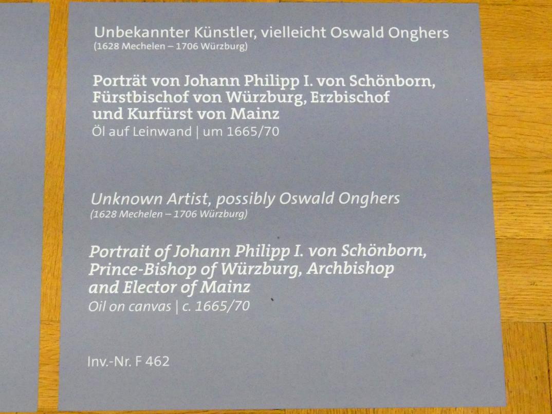 Oswald Onghers (1667–1680), Porträt von Johann Philipp I. von Schönborn, Fürstbischof von Würzburg, Erzbischof und Kurfürst von Mainz, Würzburg, Martin von Wagner-Museum, Saal 5, um 1665–1670, Bild 2/2