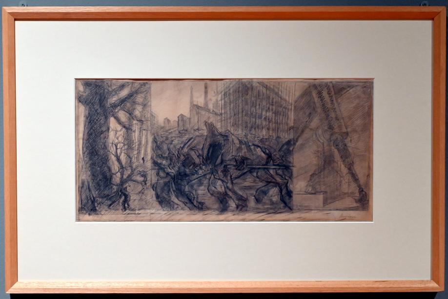 Umberto Boccioni (1910–1914), Riesen und Pygmäen (Die Stadt, die aufsteigt) (Studie für die Stadt, die aufsteigt), Turin, Galleria civica d'arte moderna e contemporanea (GAM Torino), Saal 2, 1910